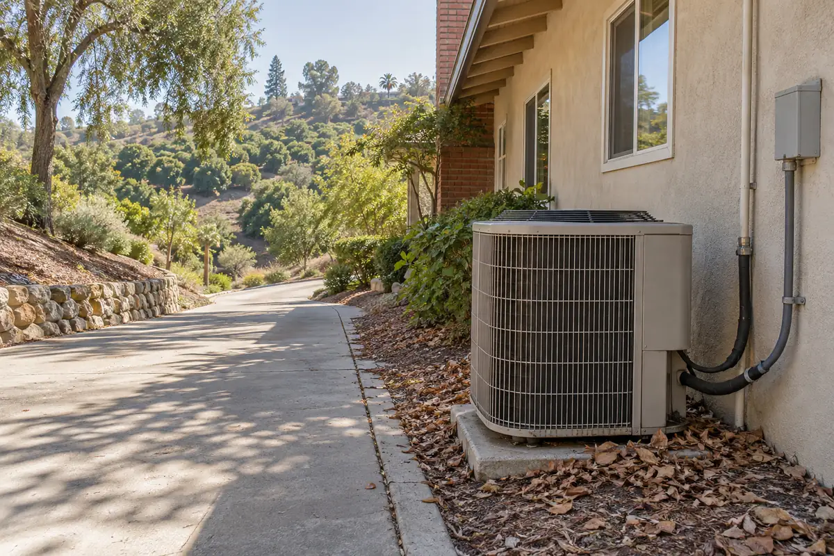 Condenser unit beside a house along a paved side path with hillside trees, ac installation in Garland, TX