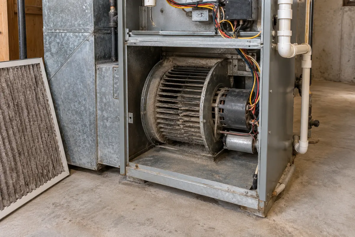 Furnace blower compartment open, with a dirty pleated filter leaning beside it, furnace and heating repair in Garland, TX