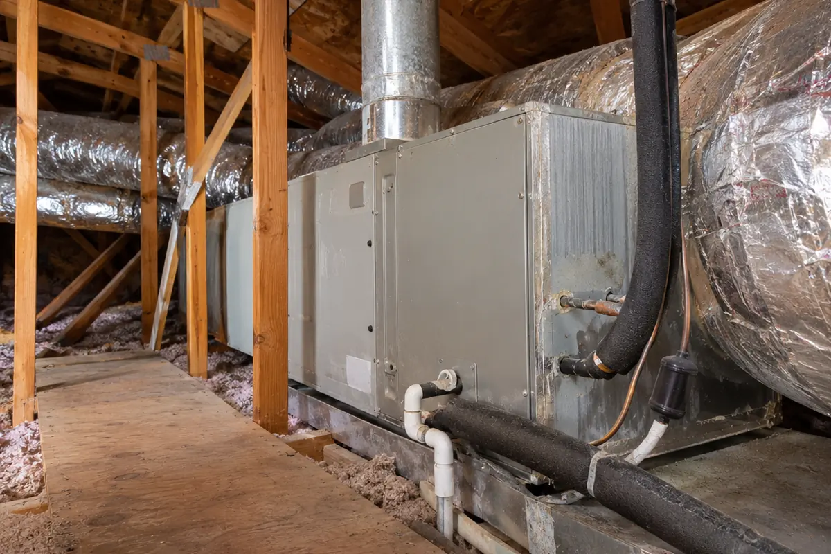 Attic air handler with ductwork and a drain line along a walk board, heat pump repair and installation in Garland, TX