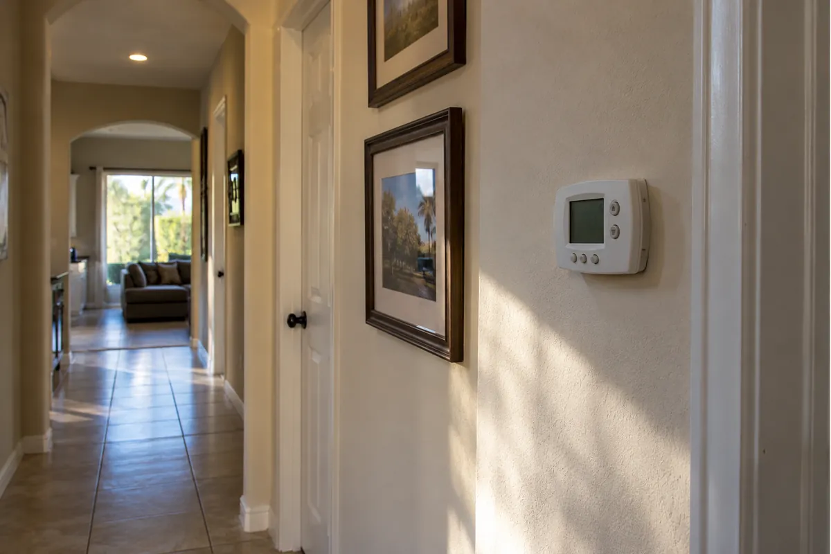 Wall thermostat in a hallway with tile floor, thermostat installation in Garland, TX